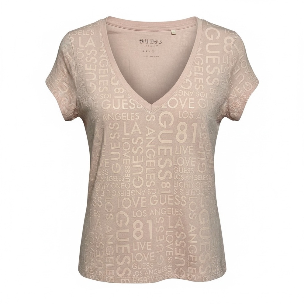 Guess Women's Light Pink Graphic V-Neck Tee